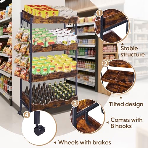 Snack Rack with Wheels,4-Tier Retail Display Shelves with 8 Metal Hooks,Tilted Design,Mobile Retail Display Stand with Metal Frame,Easy Assembly
