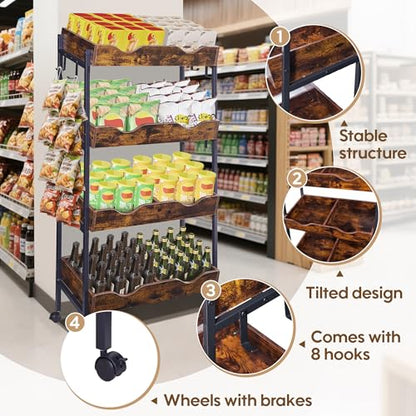 Snack Rack with Wheels,4-Tier Retail Display Shelves with 8 Metal Hooks,Tilted Design,Mobile Retail Display Stand with Metal Frame,Easy Assembly