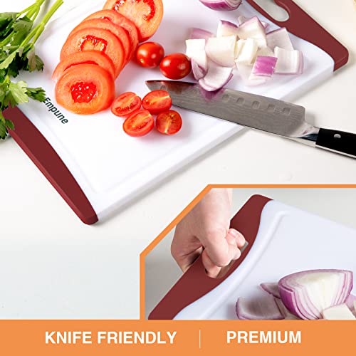 Empune BPA-Free Plastic Cutting Board for Kitchen with Juice Grooves, Extra Large Dishwasher Safe Cutting Boards Set of 4 with Handles, Thick Non-Slip Chopping Board for Meat, Fruit and Chicken, Red - color: Red