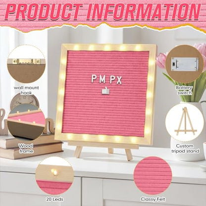 10 x 10 Inches Felt Letter Board & LED Light, Pink, Natural Wood - color: Pink, size: 10 x 10 Inches, style: Natural Wood