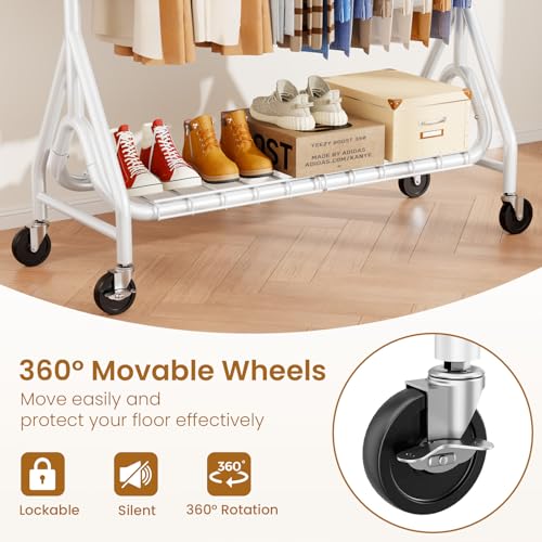 Heavy Duty Clothes Rack for Hanging Clothes, Double Rods Clothing Rack with Lockable Wheels, Rolling Garment Racks with Shelf, Easy to Assemble, White - color: White, size: Doule Rods