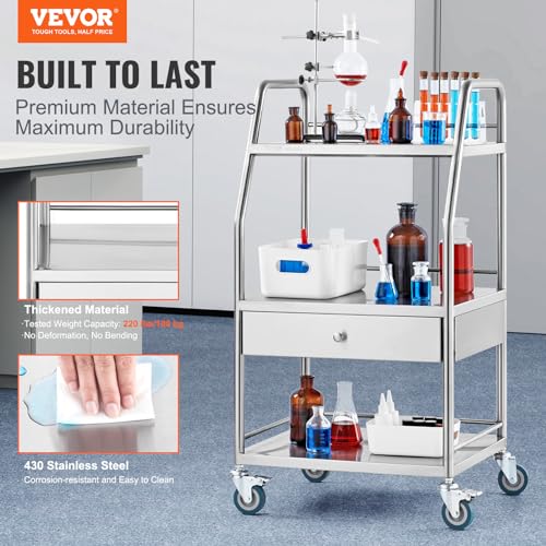 VEVOR Stainless Steel Utility Cart with 3 Shelves & 1 Drawer, 360 Swivel Casters, 220lbs Capacity - style: 3 Shelves/ 1 Drawer