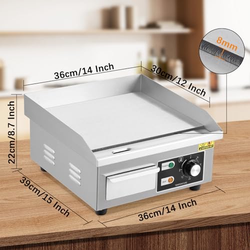 Commercial Electric Griddle 14 Inch – 1500W Stainless Steel, Non-Stick Flat Top Teppanyaki Grill, Adjustable Temp 50°C-300°C (122°F-572°F), Includes 2 Shovels & 2 Brushes, Countertop