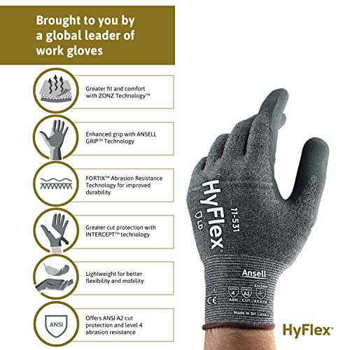 Ansell HYFLEX 11-531 Cut-Resistant Nylon Spandex Industrial Gloves w/Foam Nitrile Palm for Fabrication, Automotive - XXL (11), Grey (12 Pairs) - size: 2X-Large (Pack of 12), style: 12 Pairs