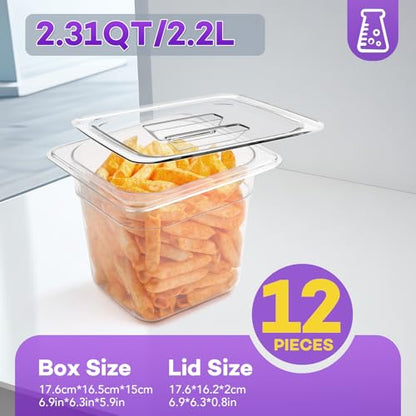 VOISEN 12 Pack Plastic Food Pan with Lids 1/6 Size 6 Inch Deep - color: 12 Pack 1/6 6"Deep