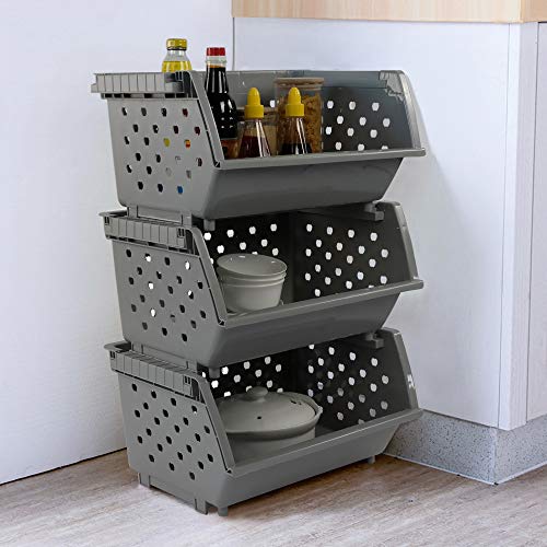 Begale 3-Pack Gray Plastic Stackable Detachable Storage Bin