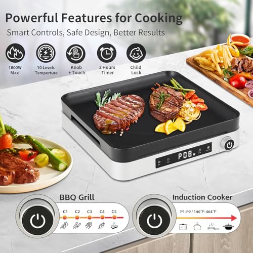 COOKTRON Portable Induction Cooktop with Griddle Pan, 1800W, Silver - size: Single Induction Cooktop with Grill Pan