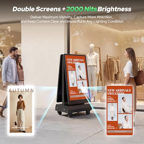 43 Inch Outdoor Double Sided Digital Signage Display, Battery Powered Waterproof Advertising Screen with 2000 Nits Brightness, Android 13, WiFi, Cloud CMS for Retail, Events & Commercial Use