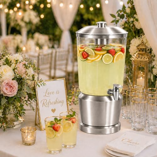 Drink Dispenser with Ice Chambers, Lemonade Tea Water Dispenser with Spigot, Stainless Steel Beverage Jar Jug, Perfect for Home Parties, Weddings, Gifts & Events (Silver, 3, Gallons) - color: Silver
