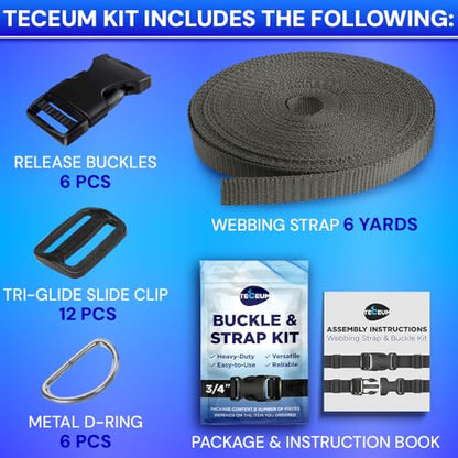 TECEUM 3/4" Nylon Strap Kit with Buckles, Charcoal 6 yards Repair Set - color: Charcoal, size: 3/4" - 6 yards, style: 6 Buckle - 12 Slides - 6 D-rind