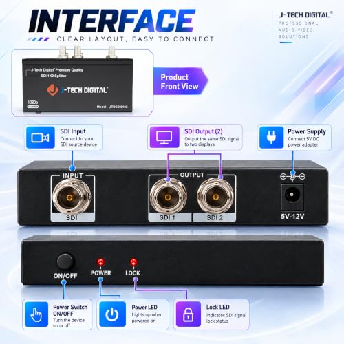 J-Tech Digital SDI Splitter | 1 Input, 2 Outputs | Supports up to 1320ft. | Compatible with SD, HD, 3G-SDI for Cameras, Monitors [JTDSDI0102] - size: 1x2
