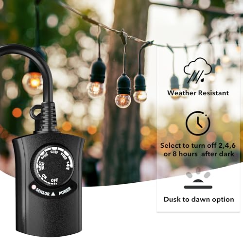 HBN Outdoor Light Timer Waterproof, Weatherproof Photocell Dusk to Dawn Light Sensor,2/4/6/8 Countdown Timer, 1 Grounded Outlet for Christmas Lights，Hallowen Deceration，1875W 15A 1/2HP (Pack of 3) - size: 1 Outlet (Pack of 3)