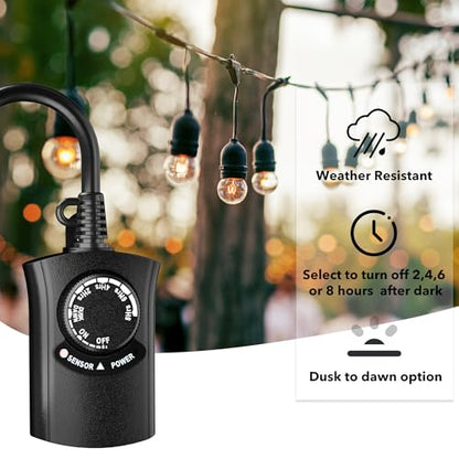 HBN Outdoor Light Timer Waterproof, Weatherproof Photocell Dusk to Dawn Light Sensor,2/4/6/8 Countdown Timer, 1 Grounded Outlet for Christmas Lights，Hallowen Deceration，1875W 15A 1/2HP (Pack of 3) - size: 1 Outlet (Pack of 3)