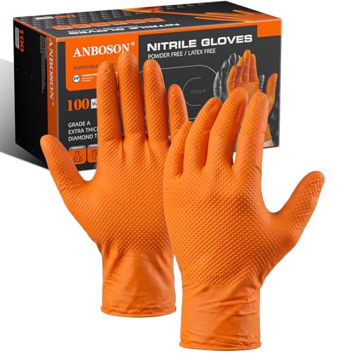ANBOSON 10 Mil Heavy Duty Mechanic Nitrile Gloves, Large Orange 100 Count - color: Orange-100, size: Large
