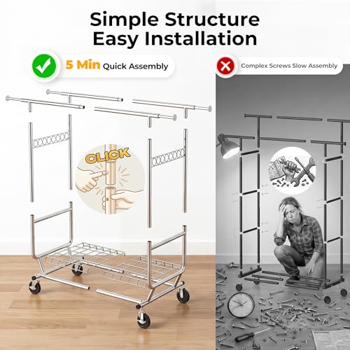 HOKEEPER Clothes Rack Heavy Duty Clothing Rack Load 650 LBS Collapsible Garment Rack with Wheels Double Rod Clothes Rack for Hanging Clothes Commercial Portable Closet Rack with Shelves 22"D*75"W*68"H - color: Chrome