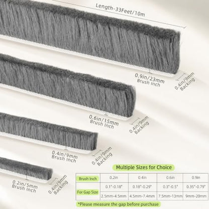 ZOMPAGO Brush Weather Stripping Door Window Sealing,0.2 in x0.4 x 32.8 FT - size: 1 Roll, 0.2 in x 0.4 in x 32.8 FT, Grey