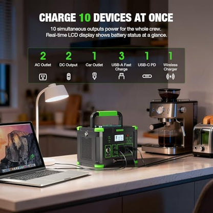 1000W Portable Power Station & 200W Foldable Solar Panel Generator Kit - color: Dark Green