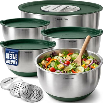 Priority Chef Stainless Steel Mixing Bowls with Lids Set, 3 Grater Attachments, Airtight Lids, Non-Slip Silicone Base Mixing Bowl Set, Large Prep Metal Mixing Bowls for Kitchen, Green - color: Green