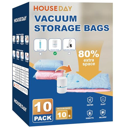HOUSE DAY 10 Small Vacuum Seal Bags For Clothing Travel, 80% Space Saving Travel Vacuum Bags with Electric Pump, Vacuum Storage Bags For Clothes, Bedding, Moving, Camping, Toys, Storage & Organization - size: 10 Small-E PUMP