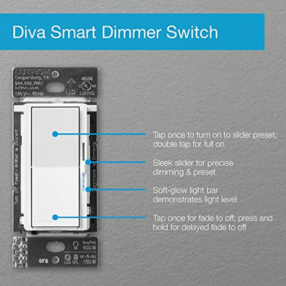 Lutron Caseta Diva Smart Dimmer Switch (Smart Hub Required), w Wallplate - color: White, size: 1 Pack, style: Diva Smart Dimmer