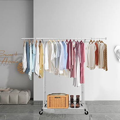 Fishat White 60" H Heavy Duty Double Rod Rolling Garment Clothes Rack - color: White