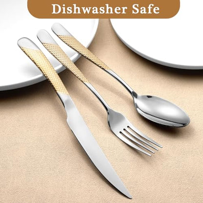 24 Piece Gold Hammered Silverware Set for 6, Premium Food-grade Stainless Steel Flatware Set, Luxury Design & Mirror Polished Cutlery Set, Eating Utensil Set with Fork Knife Spoon, Dishwasher Safe - color: Star Gold 24pcs