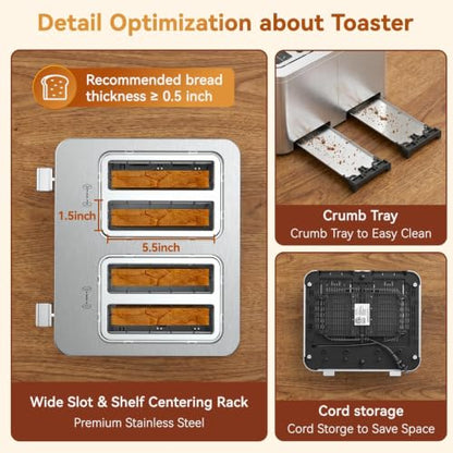 Mecity 4 Slice Touchscreen Toaster, 6 Bread Modes & 6 Browning Levels, Dual Touch Control Wide Slot Stainless Steel Electric Toaster with Memory, Defrost, 3-Min Auto Shutoff for White, Bagels, Waffles - color: 4 Slot-Brushed stainless steel