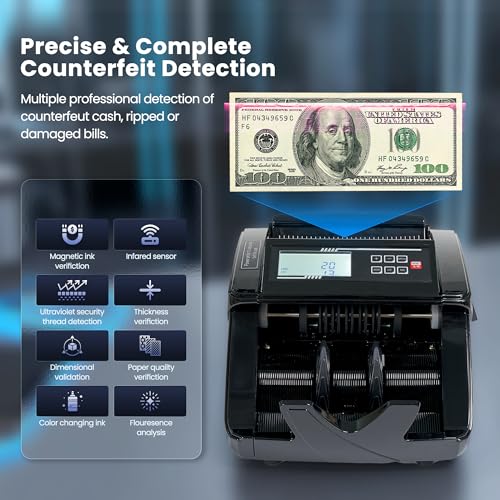 BODIOO Professional Money Counter Machine with UV/MG/IR/DD Detection, High-Speed 1000 Bills per Minute, USD and EUR Support, External LCD Display,Black