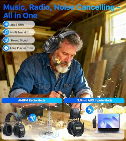 Digital AM/FM Radio Hearing Protection Earmuffs, 25 dB NRR - color: Am Fm Radio + Black