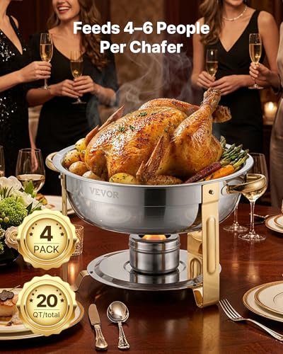 VEVOR Chafing Dish Buffet Set, 5 Qt 4 Pack, Stainless Steel Chafer with 4 Full Size Pans, Round Catering Warmer Server with Lid Water Pan Folding Stand Clip, for Weddings Parties Banquets, Gold - size: 4packs Gold