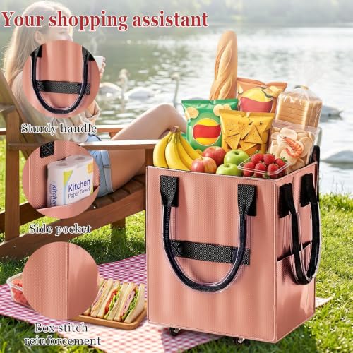 Reusable Grocery Bag on Wheel, Foldable Shopping Cart with Wheels, Can Carry up to 67 Pounds, Suitable for Groceries, Laundry, Camping and Moving. (Rose Gold - Medium) - color: Rose Gold - Medium
