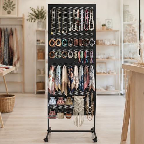 Arbuxzuy 10 Hooks Metal Standing Pegboard Display Stand with Wheels
