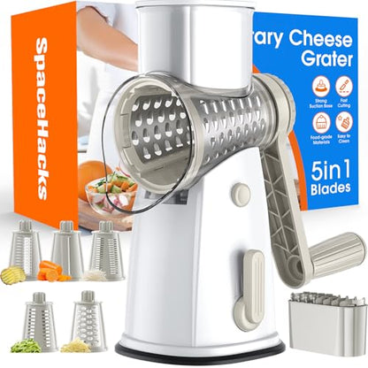 Rotary Cheese Grater Hand Crank, 5-in-1 Vegetable Chopper Spiralizer Slicer - color: White