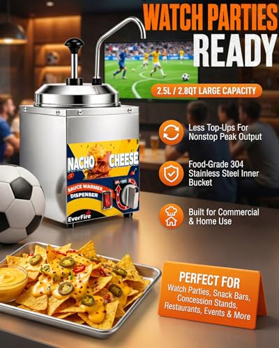 Nacho Cheese Dispenser with Stainless Steel Pump, 2.8 Qt Cheese Sauce Warmer with 6-Level Thermostat (86–194°F) – Commercial Electric Warmer for Hot Fudge, Chocolate, Caramel, Chili, Peanut Butter