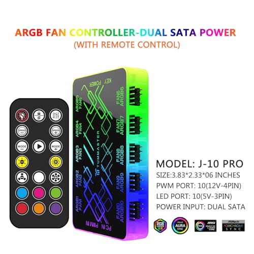 ARGB Fan HUB, 9/10 Port 4 Pin PC Fan Controller, 5V-3Pin LED Hub, Magnetic Suction, SATA Power Input,RF Remote & Chassis Key Control,Controller Support ARGB PWM Fans Splitter (J-10 Pro) - color: J-10 Pro