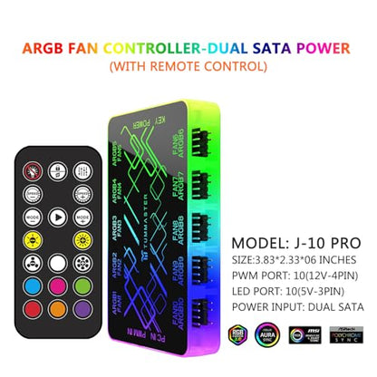 ARGB Fan HUB, 9/10 Port 4 Pin PC Fan Controller, 5V-3Pin LED Hub, Magnetic Suction, SATA Power Input,RF Remote & Chassis Key Control,Controller Support ARGB PWM Fans Splitter (J-10 Pro) - color: J-10 Pro