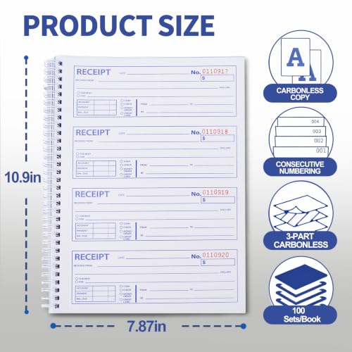 Money and Rent Receipt Books with Cardboard Insert,7-5/8" x 10-7/8" Spiral Bound,3 Part Carbonless,100 Sets per Book,4 Receipts Per Page for Rent and Cash Transaction