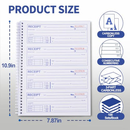 Money and Rent Receipt Books with Cardboard Insert,7-5/8" x 10-7/8" Spiral Bound,3 Part Carbonless,100 Sets per Book,4 Receipts Per Page for Rent and Cash Transaction