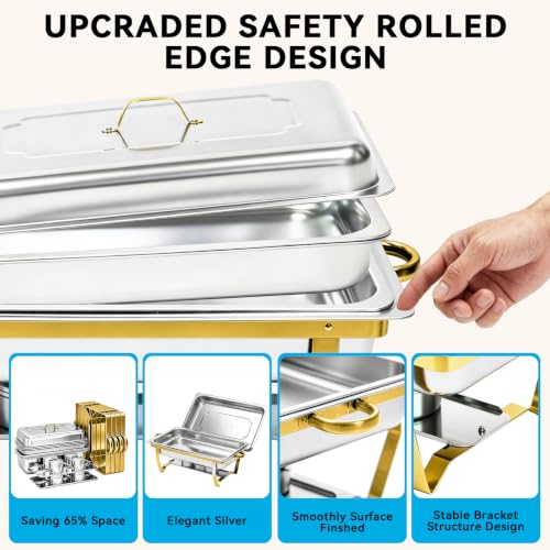 9QT Chafing Dishes for Buffet 4 Pack with 4 Full-Size Pans, Gold
