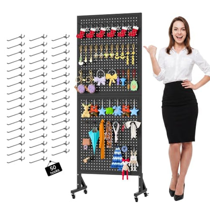 Peg Board Display Stand with Wheels,50 Hooks,2'x 5.5' - Black - color: Black