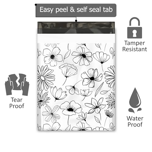 12x15 (50) Black and White Floral Summer Designer Poly Mailers Waterproof Self Sealing Tear Resistant Polymailers Shipping Envelopes Premium Printed Bags For Small Businesses - color: Black and White Flowers, size: 12x15 inches