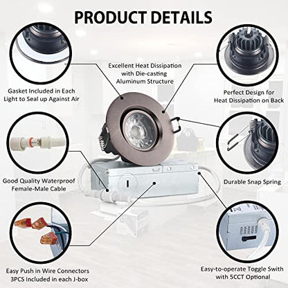 POPANU 3 Inch Gimbal LED Recessed Lights 6 Pack,Adjustable Downlight,Bronze - color: Oil-Rubbed Bronze, size: 3 Inch