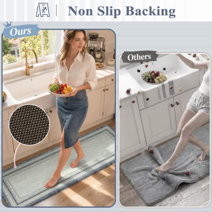 KIMODE Anti Fatigue Kitchen Mat 2 PCS Farmhouse Kitchen Rugs Sets of 2 - color: Blue, size: 17.3" x 47 "+ 17.3" x 29 "--0.47 inches