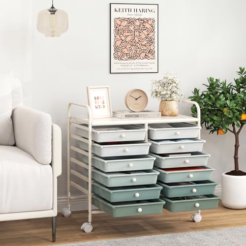 RELAX4LIFE 12-Drawer Rolling Storage Cart - Mobile Utility Cart on Wheels for School Classroom Teacher Office Salon, Paper File Art Supply Craft Organizer, Rolling Cart with Drawers (Gradient Green) - color: Gradient Green, size: 24.5''