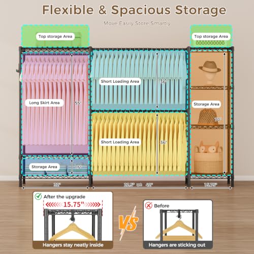 Golpart Heavy Duty Clothes Rack Metal Wardrobe with Adjustable Wire Shelves - color: Black, size: 15.75"D x (70~88.5)"W x 76.5"H