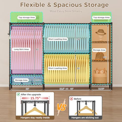 Golpart Heavy Duty Clothes Rack Metal Wardrobe with Adjustable Wire Shelves - color: Black, size: 15.75"D x (70~88.5)"W x 76.5"H