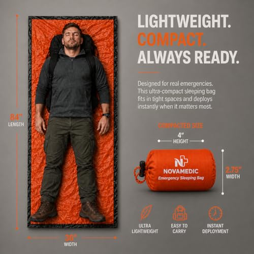 NovaMedic Emergency Sleeping Bag – 84"x36" Thermal Mylar Survival Bivy Sack – Waterproof, Lightweight & Compact Emergency Blanket for Camping, Hiking, Outdoor Survival & Travel - size: Pack of 1
