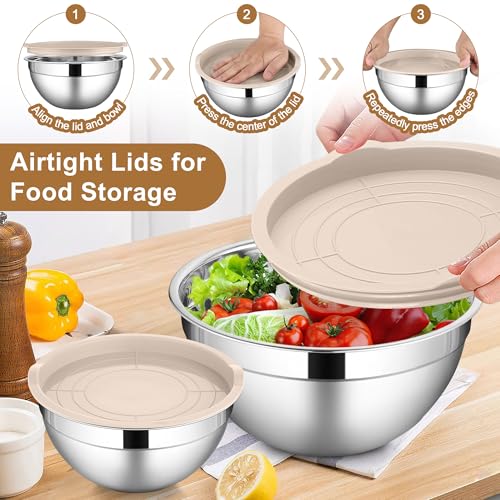 LIANYU 6 PCS Mixing Bowls with Lid Set, Size 7 & 3.5 & 2.5 & 2 & 1.5 & 1QT - color: Khaki, style: Atlas Base with Airtight Lids