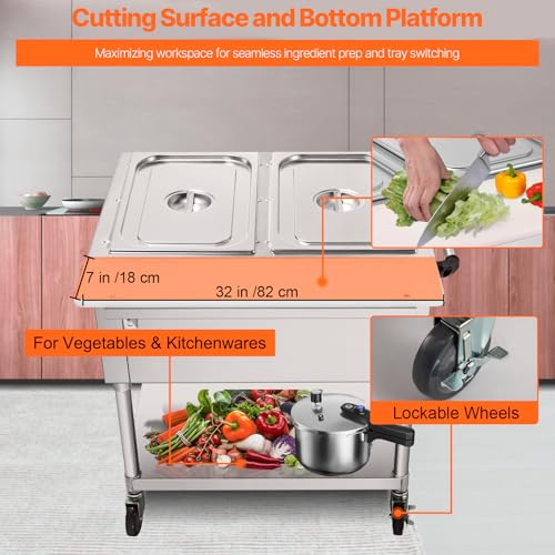 VEVOR Commercial Electric Food Warmer, 2-Pot Steam Table Food Warmer, Features 0-100℃ Adjustable Temp, Movable Professional Stainless Steel Table with ETL Certification for Catering and Restaurants - size: 2-Pot