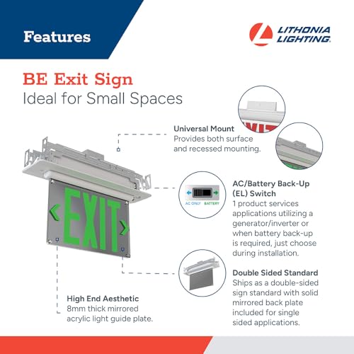 Lithonia Lighting Basics Edge-lit LED Exit Sign with Green Letters, Universal Mount Emergency Exit Only Sign, Ni-Cad Battery Backup (BE W G UM M2) - size: 1-Pack | Green Letters, style: Universal Mount